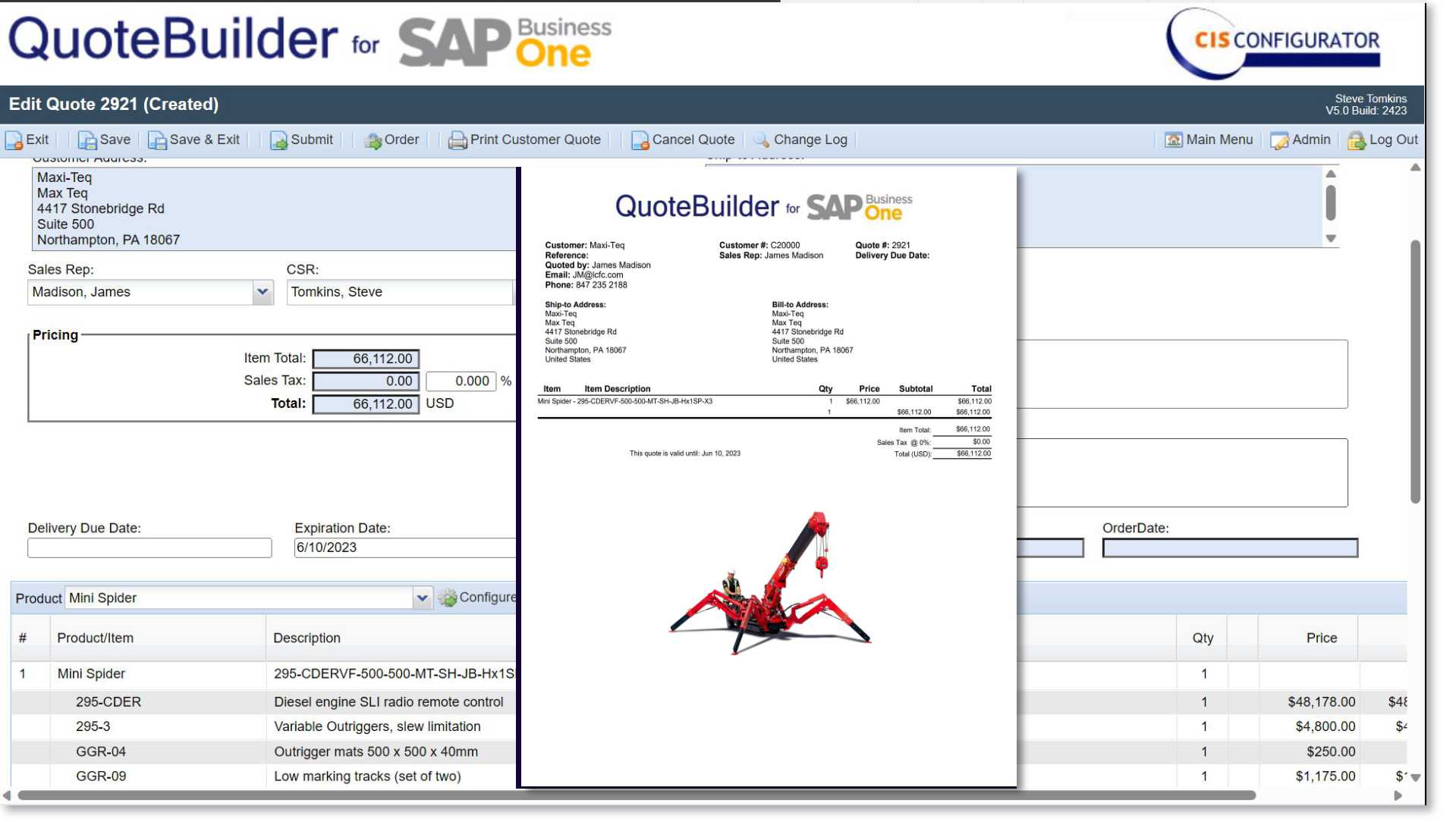 Screengrab of CIS QuoteBuilder inside SAP Business One