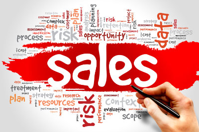 Word cloud with Sales as the main message. Sales is written White on a red background.